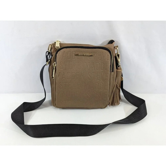 Steve Madden Crossbody Bag Tan Purse Fringe Detail Black Strap Gold Tone NEW - Picture 1 of 11